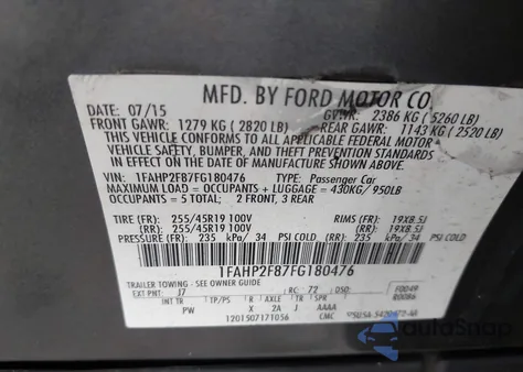 2015 Ford Taurus Limited z USA, uszkodzony, nr VIN 1FAHP2F87FG180476